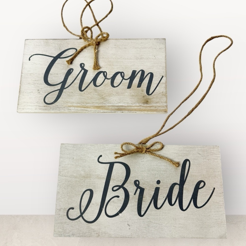 Bride and Groom Rustic Twine Rope Hanging Decor Chair Signs